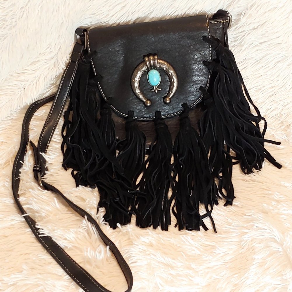 Western style black leather purse with tassels
